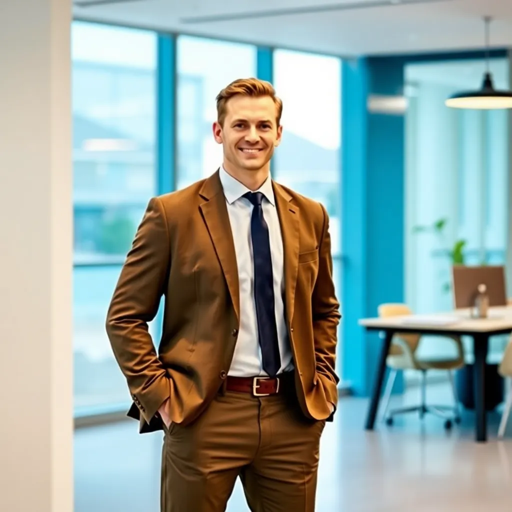 Zakenman in een modern kantoor met een zelfverzekerde houding