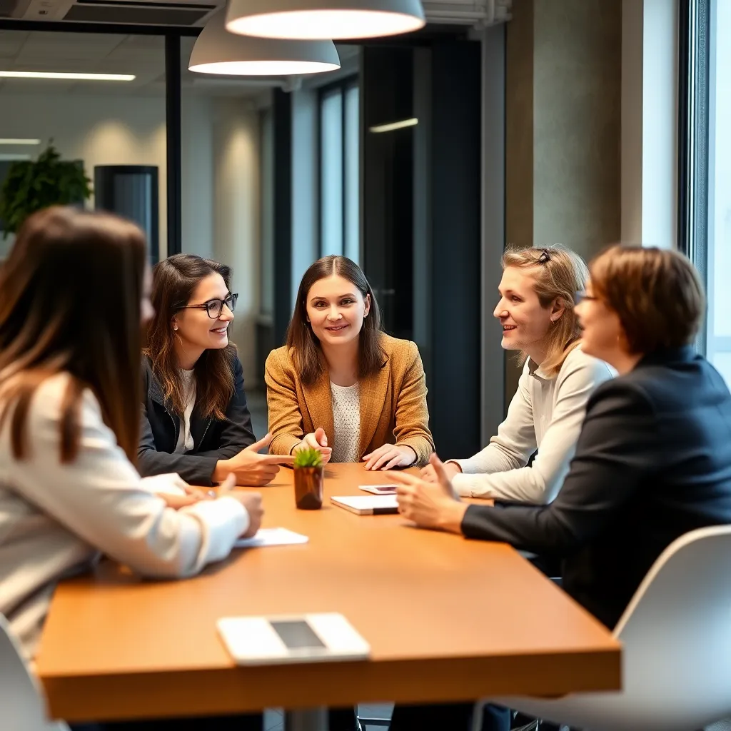 Professionals in een vergadering die effectief communiceren in een Belgische kantooromgeving