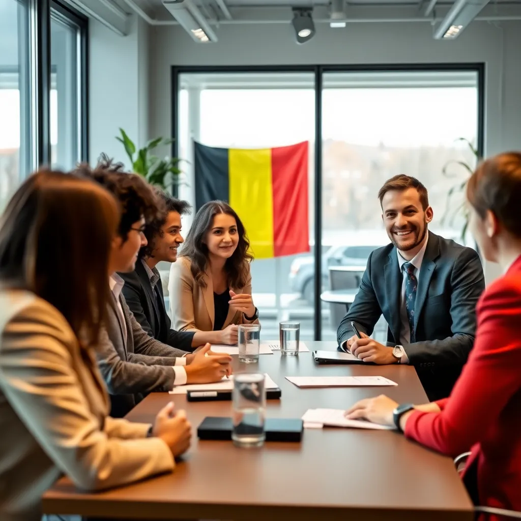 Professionals in een Belgische vergaderruimte bespreken zakelijke strategieën