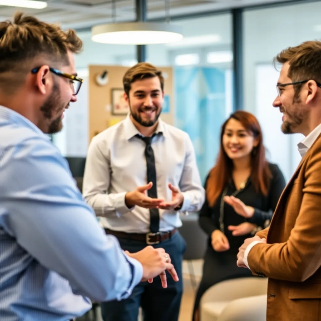 Professionals die samenwerken om communicatie-uitdagingen te overwinnen in een Belgische werkomgeving